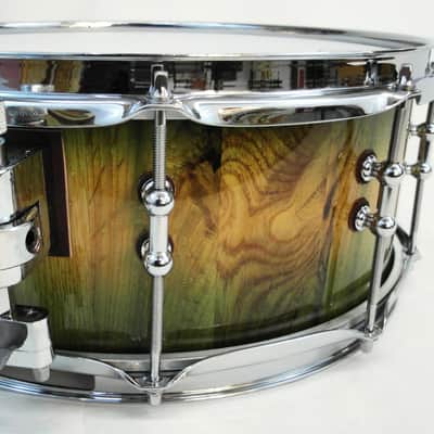 HHG drums 14x5.5 White Oak Stave snare drum, Natural to Green Burst image 2