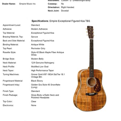 Martin Custom Shop D-41 Style Exceptional Figured Koa Toasted Burst (Empire Music Spec) #37049 image 13