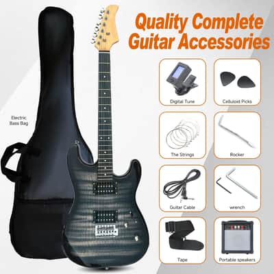 39" Full Size Style Electric Guitar Starter Kit with HH Pickup, 20W Portable Amp, Tuner, Gig Bag, Strap & Accessories (Black Flame) image 2