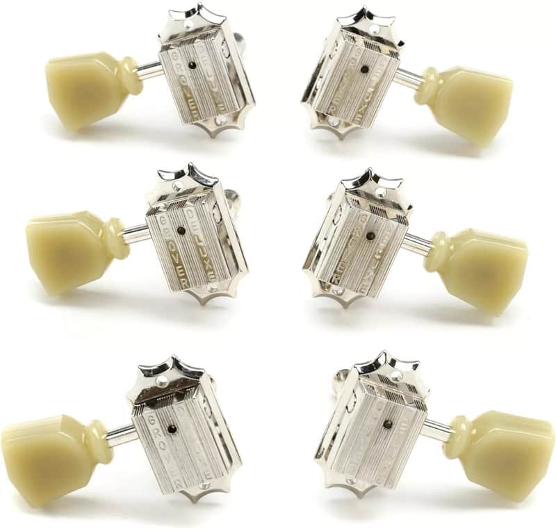 Vintage Nickel Guitar Tuning Machines – Set of 6, 14:1 Gear Ratio, Classic Green Key Style image 1
