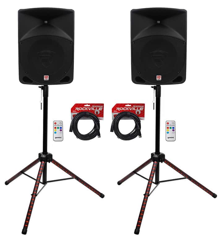 (2) Rockville RPG10 10" Powered Active 600 Watt DJ PA Speakers+LED Stands+Cables image 1