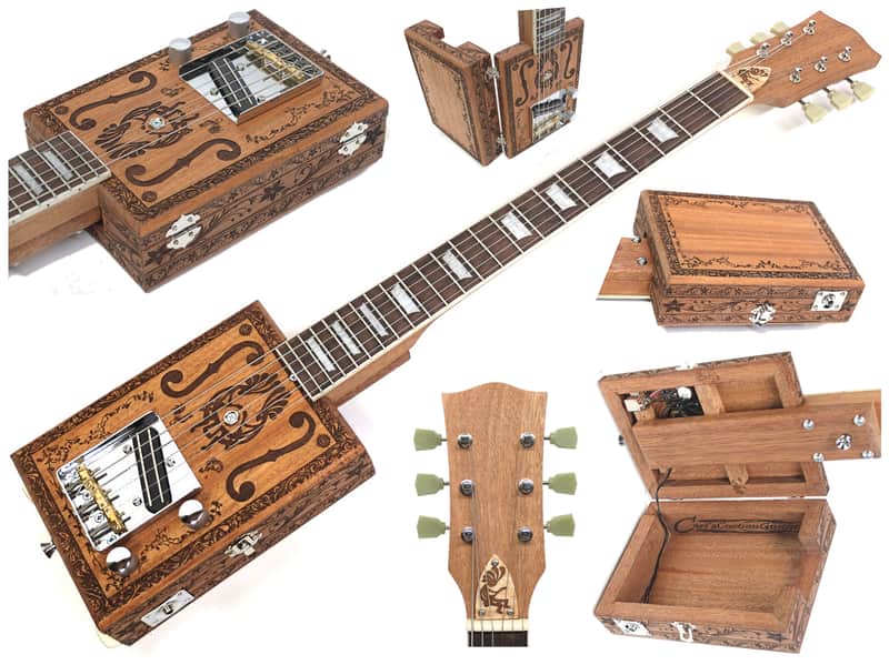 cigarette box guitar Handcrafted Engraved Solid Mahogany 6 String Opening Body Full 24.75