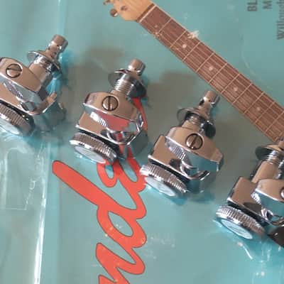 6 LEFTY Genuine Fender CHROME LOCKING Tuners Inline 2 Pin F Logo Machines Staggered NOS Left Hand Two-Pin Mount image 6