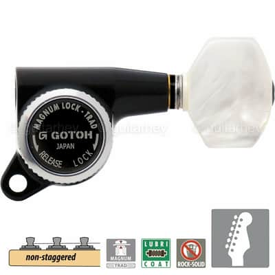 NEW Gotoh SG381-P7 MGT 6 in Line NON-STAGGERED Set Locking PEARL Buttons - BLACK