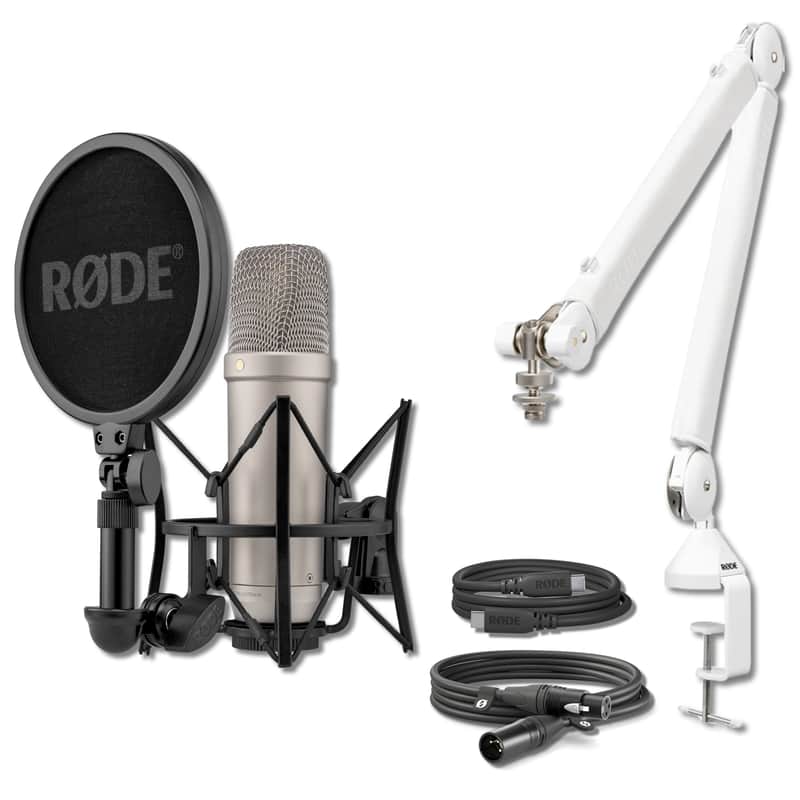 Rode NT1 5th Generation Condenser Microphone (Silver) with Rode PSA1+ White Desk-Mounted Broadcast Microphone Boom Arm image 1