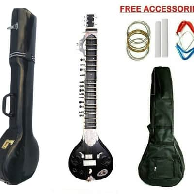 Handmade Electric Tun Wood Black Sitar Hand Paint Indian Musical String Travel With Fiber Case image 1