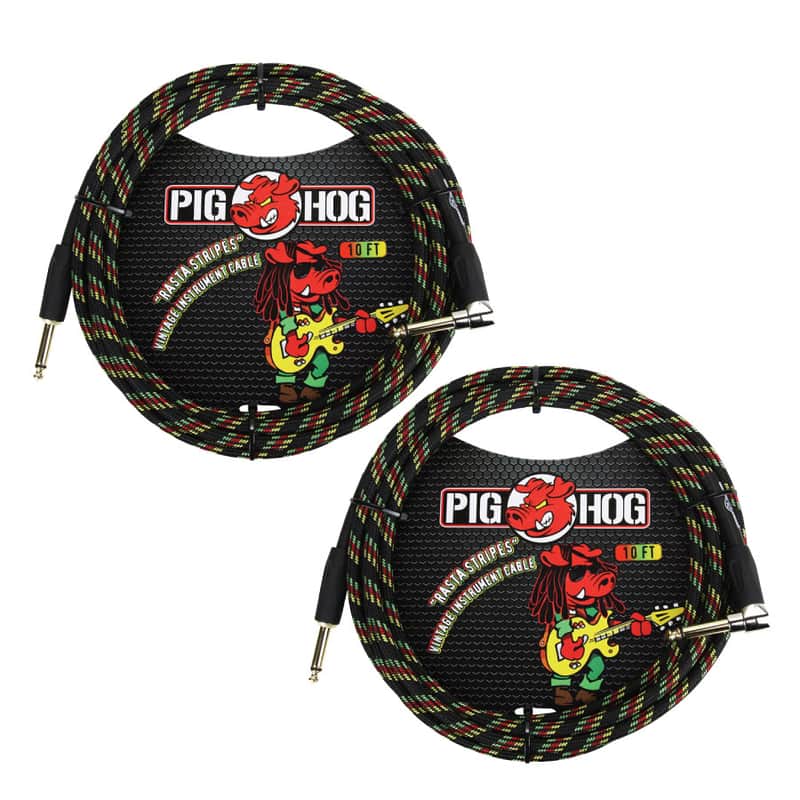 2 - Pack Pig Hog PCH10RAR 1/4" Straight to 1/4" Right-Angle Rasta Instrument Cable 10FT - NEW image 1