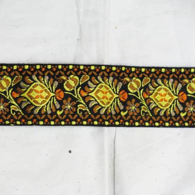 LM Jaquard yellow & orange RETRO pattern GUITAR strap NEW nylon - LEATHER ends image 2