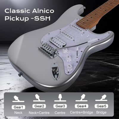 Electric Guitar Kit -39in Solid Body Starter Guitar Kit with Metallic finish, Guitar Case, Amplifier Gig Bag, Strings, Strap, Cable, Picks(Silver) image 2