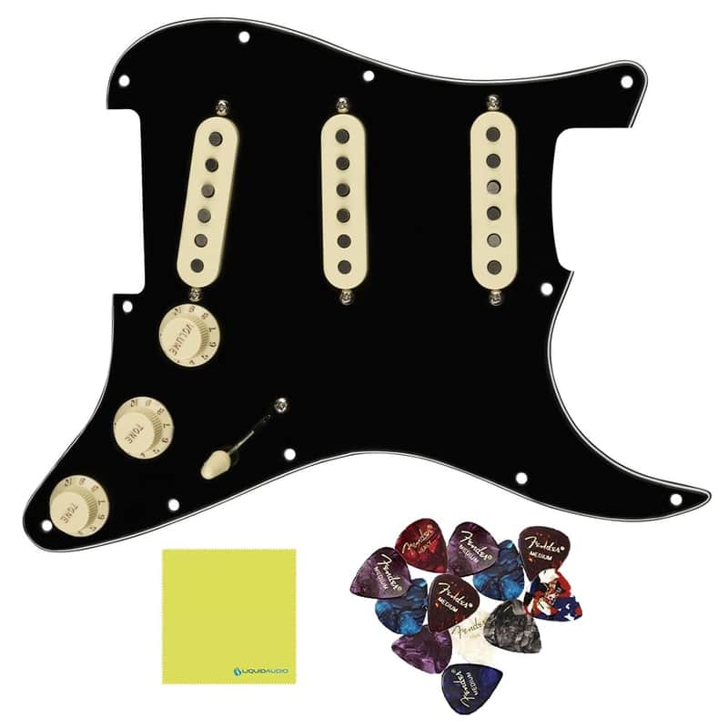 Fender Pre-Wired Strat® Pickguard, Tex-Mex SSS, Black - 0992343506 Bundle w/ 12-Pack Guitar Pick and Liquid Audio Polishing Cloth image 1