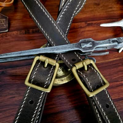 Hand Made, Hand Stitched Guitar strap "Rockatansky" in Elephant & Beige - Vegetable Tanned Leather image 11