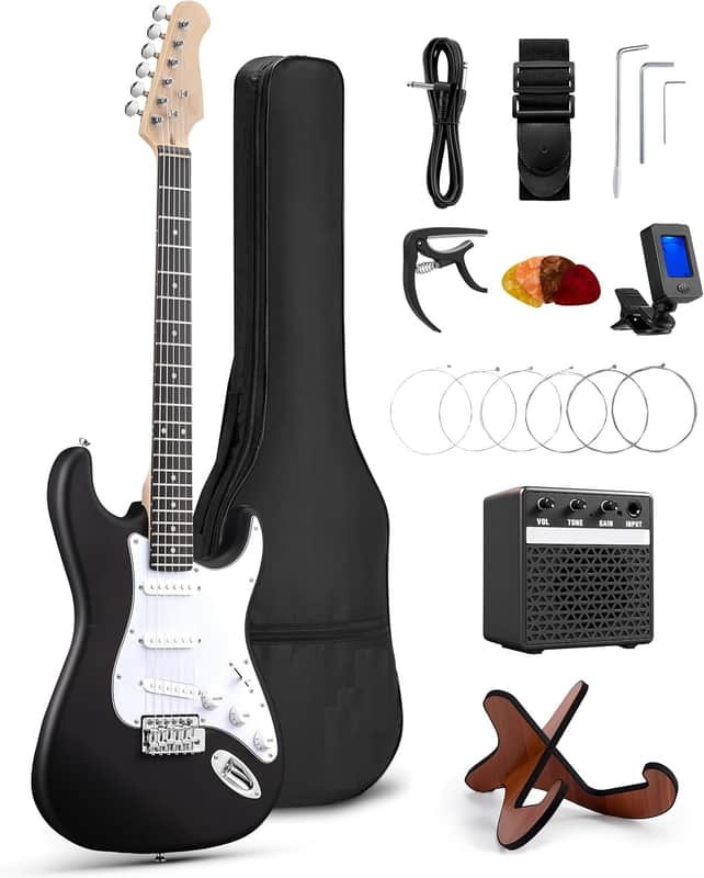 39 Inch Full Size Electric Guitar Kit For Beginners And Adults,SSS Pickup Stratocaster Guitarra Electrica Set Includes Tremolo Bridge,Amp,Strings,Stand,Case Bag, Birthday Holiday Gifts, Black image 1