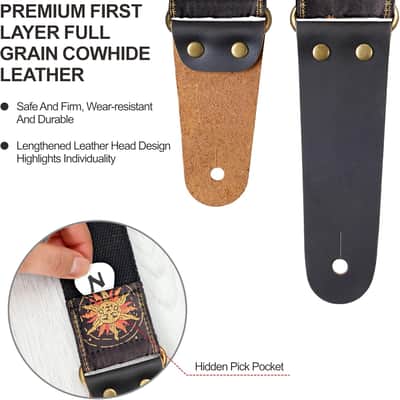 Sun & Moon Embroidered Guitar Strap w/ Leather Ends, Strap Locks & Picks for Acoustic Electric Bass Guitar image 2