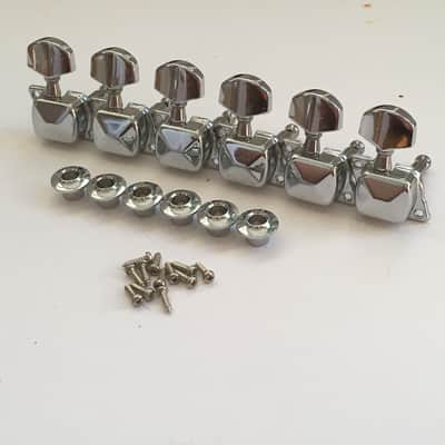 6 Complete Vintage Inline Electric Guitar Mounted Casing Gear Tuners + Bushings image 1