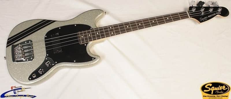 Squier Mikey Way Signature Mustang Electric Bass, Silver Sparkle