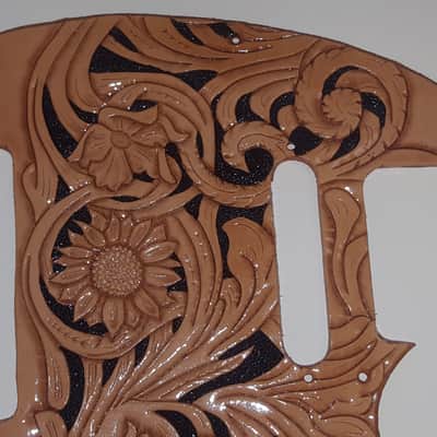Leather pickguard Fits Fender Telecaster 2019 Black / Natural "Floral Riffs" image 3