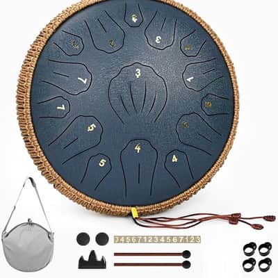 Steel Tongue Drum - 13 Inch 15 Note Tongue Drum, Handpan Musical Instrument for Adults Kids, Steel Drum with Music Book, Steel Drums Instruments with Mallet and Carry Bag, C Major (Navy Blue) image 1