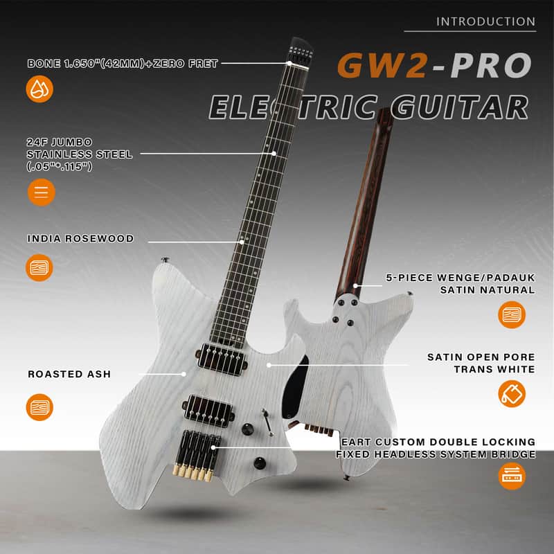 Eart GW2-Pro Headless Electric Guitar, Roasted Ash Body,24F Rounded Ends Jumbo Stainless Steel Bild 1