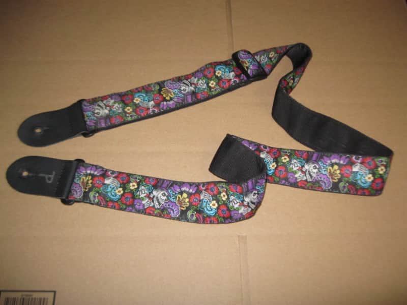 lightly used Perri's 2" Floral Skulls Jacquard Guitar Strap, TWS-7274, Floral Skulls High Quality Jacquard Ribbon Sewn on Tubular Webbing with Leather Ends, Adjustable length 39" to 58" (from early 2020s) image 1
