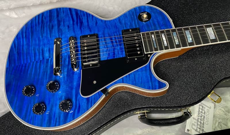 NEW! Gibson Dealer Select Custom Shop Les Paul Custom AAA Figured Flame Top - Transparent Blue / Natural Back - Authorized Dealer - WOW! 8.8 lbs - G06807 image 1