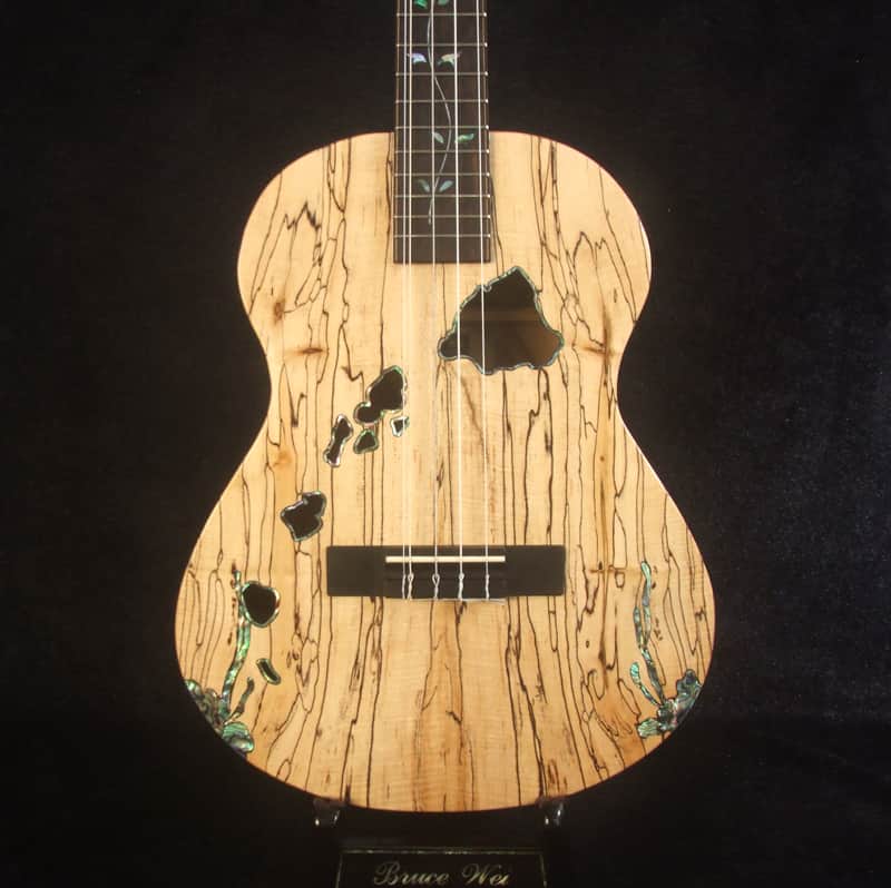 Handcrafted 5 String Baritone Ukulele, Spalted Maple, Taiwania, Vine Inlay, The Islands Soundhole, Soft-bag, Bruce Wei UG19-2341 image 1