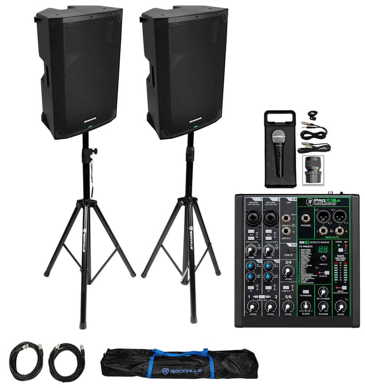 (2) Mackie Thump15 V4 15” 1400w Powered DJ PA Speakers+Mixer+Stands+Microphone image 1