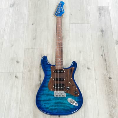 Mint Magneto U-ONE Sonnet Modern US-2300 HSS Guitar, Rosewood Fretboard, See Thru Blue Quilt image 4