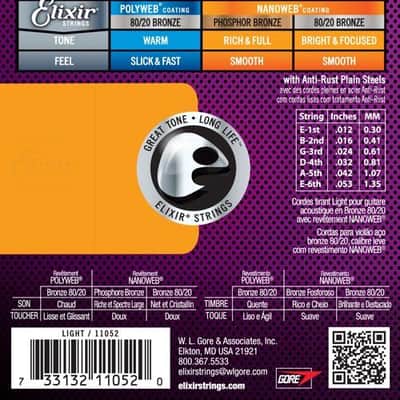 Elixir 11052 Nanoweb 80/20 Bronze Light Acoustic Strings (12-53) image 2