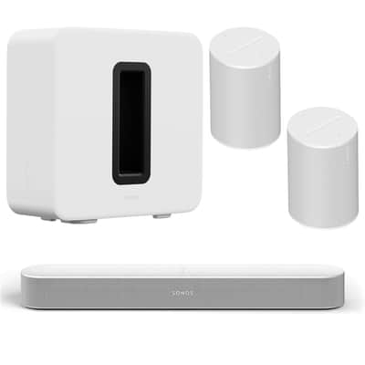 Sonos Beam Soundbar Gen 2, Bundle with SUB Gen 3 Wireless Subwoofer and 2x Era 100 Wireless Bluetooth Speaker, White image 1