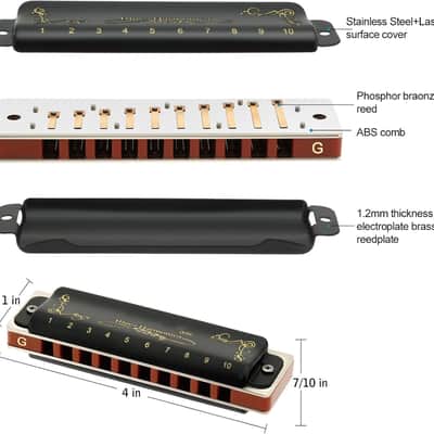 Harmonica Key of G 10 Holes 20 Tones 008K Mouth Organ with Black Cover, Top Grade Harmonica for Adults, Professionals and Students image 3