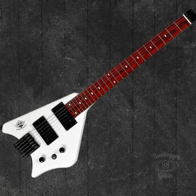 BootLegger Guitar Spade White Headless With Stiletto  Case and Flask image 4