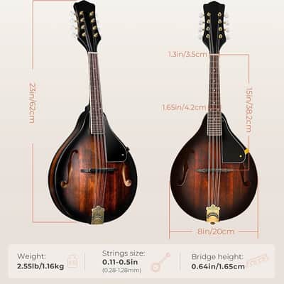 Mandolin Instrument A Style, Acoustic Mandolin Musical Instrument Solid Spruce Top 8 String for Beginners, Adults, Teens, Dark Brown image 2