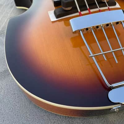 30" Short Scale Electric Violin Bass – Semi-Hollowbody, Flame Maple Back, Sunburst Finish image 9