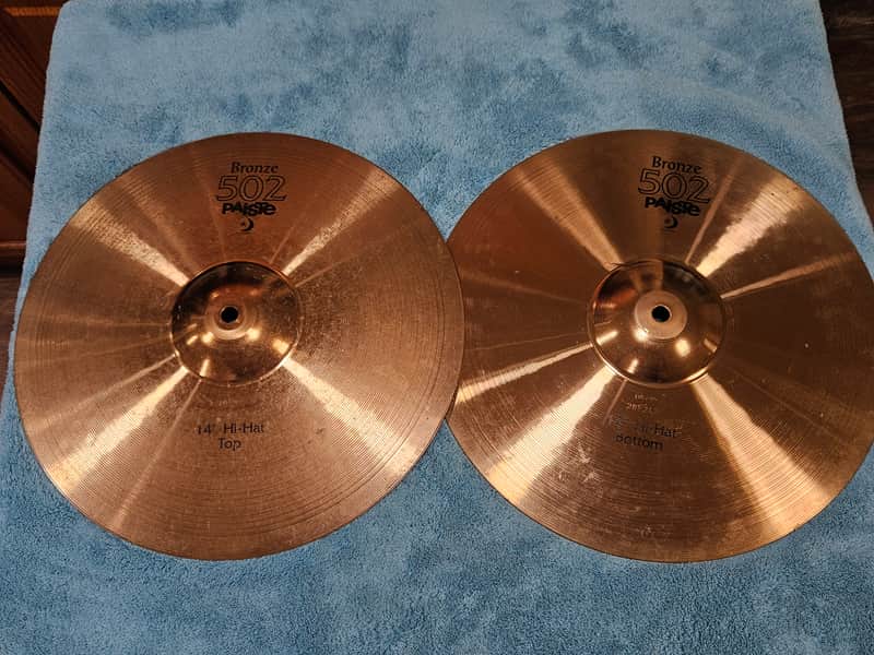 Paiste 502 Bronze 14" Hi Hat Cymbals Pair 962g 1198g No Cracks No Keyhole image 1