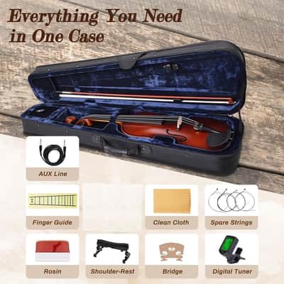 Electric/Acoustic Violin with Ebony Accessories - Perfect for Stage & Practice with Carrying Case, Violin Bow, Bridge, Rosin, Shoulder Rest, Stickers, Tuner, Instruction, Handcraft with Maple, Spruce image 3