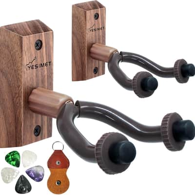 Guitar Wall Hanger, 2 Pack Black Walnut Guitar Wall Mount, Guitar Wall Hanger Sets With 5 Picks And Holder, Wood Guitar Wall Hanger For Acoustic/Electric Guitar, Banjo, Bass, Mandolin, Ukulele image 1