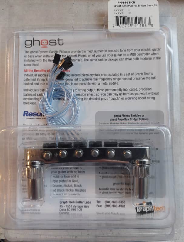 Graphtech GHOST ResoMax NV Bridge 6mm Loaded with GHOST Piezo Saddles Chrome (PN-8863-CO) image 1