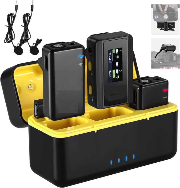 Wireless Lavalier Microphone System with Charging Case, 2 Mic Clips, 1 Click Noise Canceling, 4GB Storage, 9H Playtime, Lavalier Lapel Mic Compatible with iPhone/Android/PC/Camera/iPad image 1