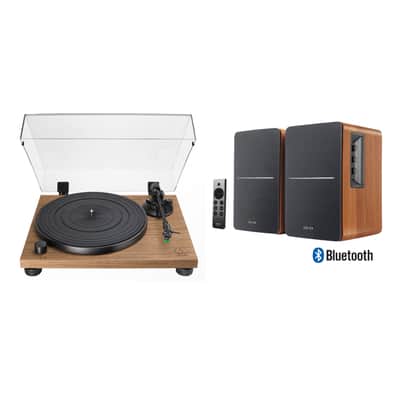 Audio-Technica AT-LPWN40WN Fully Manual Belt-Drive Walnut Turntable Turntable Package with Edifier RT1280DBs Bluetooth Speakers image 1