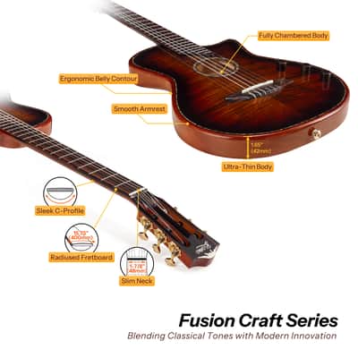 Bromo BEN2C Electric Nylon String Guitar, Thinline Fully Chambered Semi-Hollow Body Slim Neck Dual Pickup Stage Live Performance Fusion Classical Guitar with Hard Case (3 Tone Sunburst) image 5