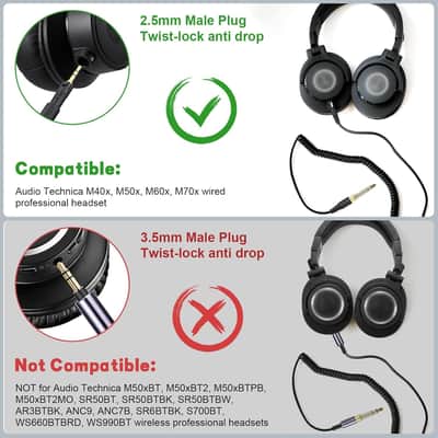 ATH-M70x Audio Cable Coiled Replacement 3.5mm/6.35mm to 2.5mm Male AUX Extension Cords Compatible with Audio Technica ATH-M50x ATH-M40x ATH-M60X Headsets image 3