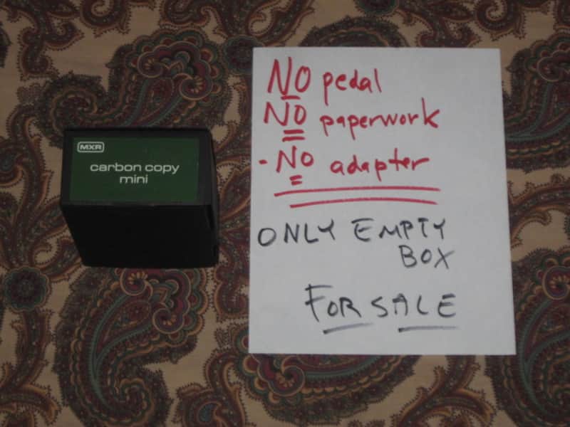 litely handled genuine MXR EMPTY BOX ONLY for M299 Carbon Copy Mini (NO: pedal, paperwork, also NO adapter) 2019-2026 (specifically 2021) - BOX: Black Cardboard / LABELs: Green & White - White & Black / GRAPHIC: Silver (part of 2 sides have clear tape) image 1