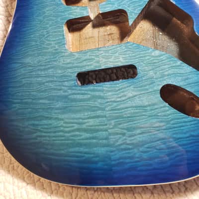 # BCS-7-Our last, USA made, Double bound Roasted Alder body in blue clouds with Killer 5A quilt maple top. Made for a Strat neck image 2
