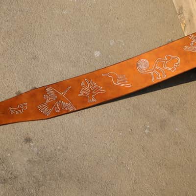 Burny Black custom made guitar strap leather - nasca lines brown/white made to order - oil image 10