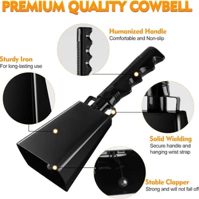 Cow Bell, 9 Inch Cowbells for Sporting Events, Metal Steel Cowbell with Handle, Loud Noise Makers for Football Games, Black Large Hand Bells Cheering Items School Musical Percussion Instruments image 3