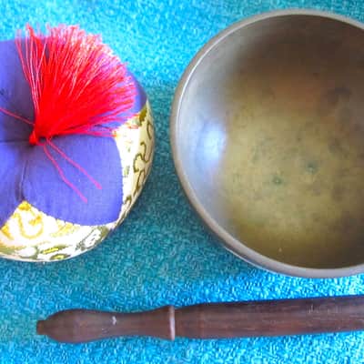 Japanese Rin Singing Bowl Cup Chime with Striker & Cushion - Vintage image 1