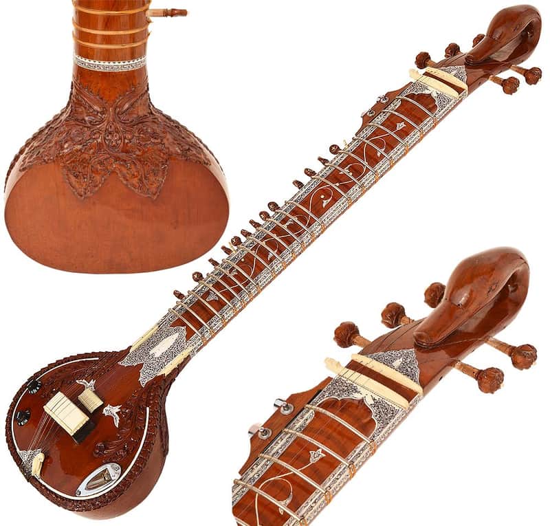 SITAR~RAVI SHANKAR STYLE~7 STRINGS~SWAN NECK~DESIGNER TUN WOOD~PICKUP TO CONNECT WITH AMPLIFIER~FLAT~WITH GIG BAG, MIZRABS & STRINGS image 1