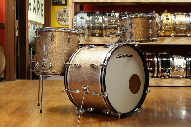 1966 Slingerland Modern Jazz Outfit in Sparkling Champagne Pearl 14x20 8x12 14x14 image 1