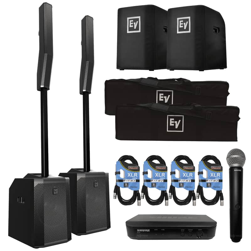 (2) Electro-Voice Evolve 50 Portable Column PA Systems with Handheld Wireless System and Covers Package image 1