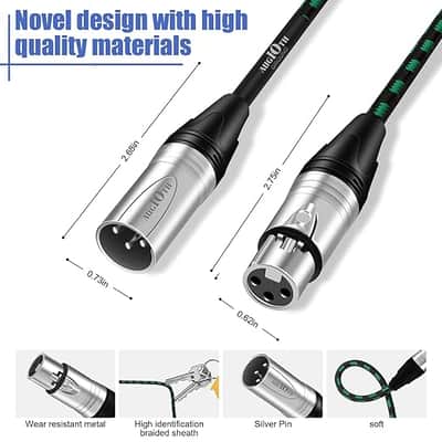 XLR to XLR Pro Mic Cable 10 Ft 2-Pack Male to Female XLR Cable 3-pin Green Balanced Shielded Microphone Cable for Amplifier Mixer, Speaker Systems, Recording Studio image 4